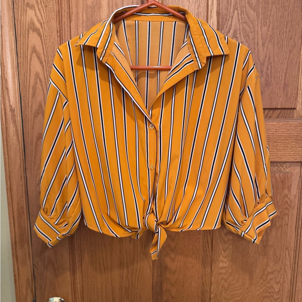 Striped Mustard Button-Up Women's Top